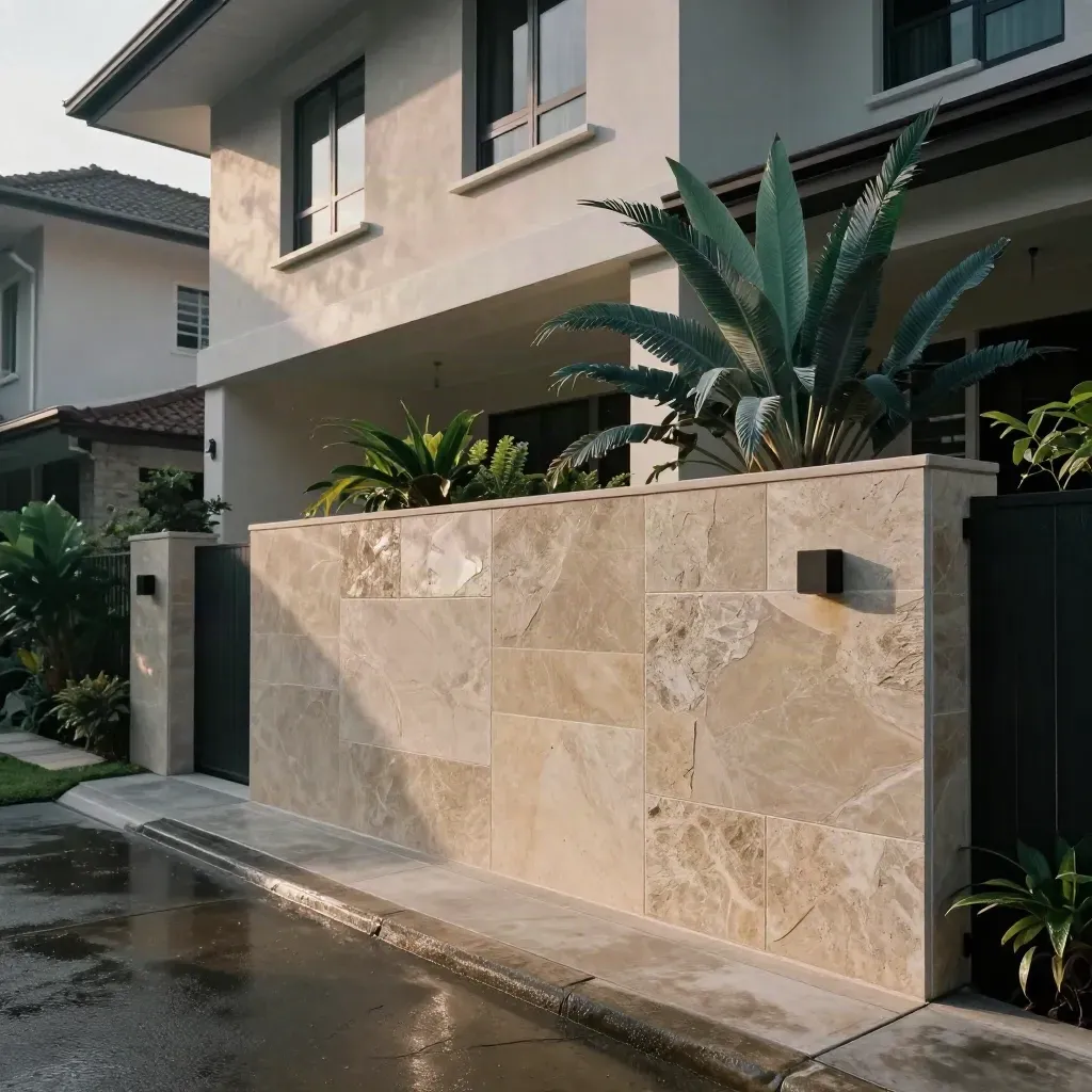 Fasad rumah teres mewah dengan sampel batu dan tanaman tropika selepas hujan.
