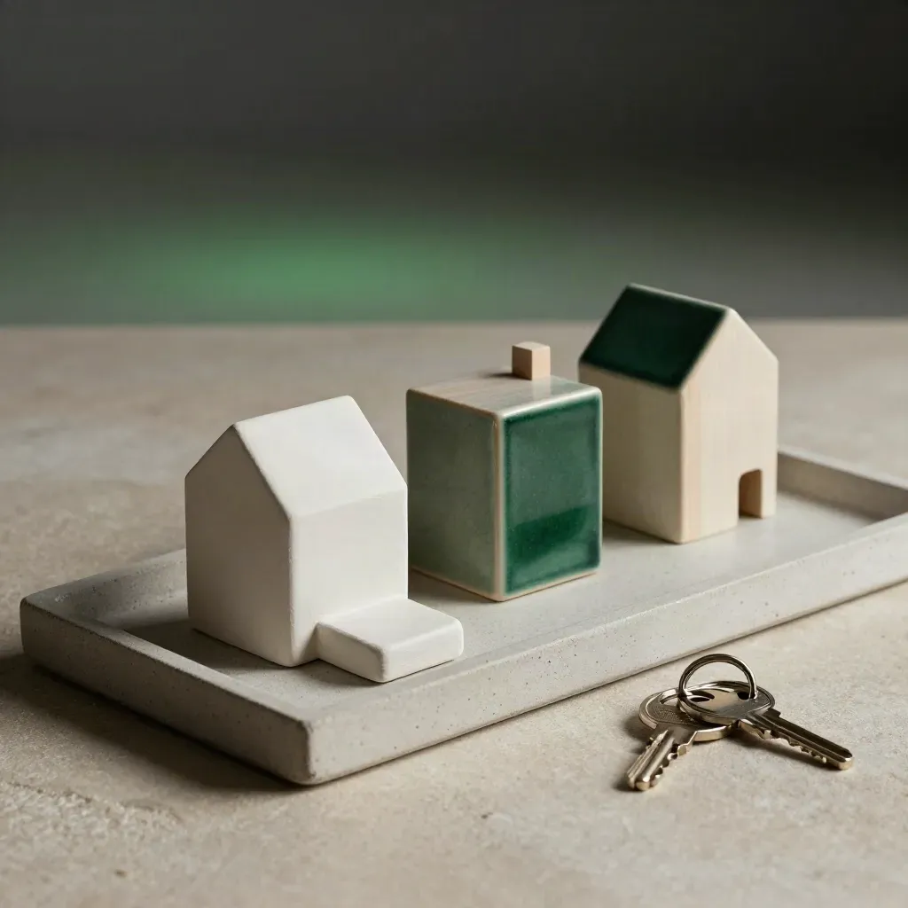 Rumah mini, jubin seramik dan cincin kunci di atas dulang batu.